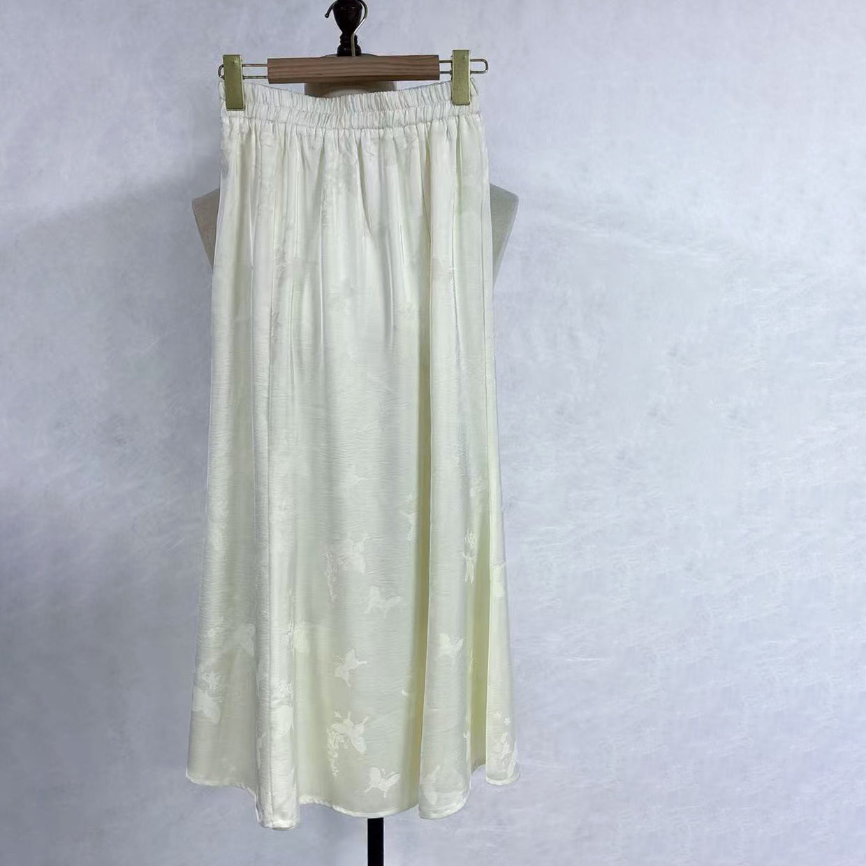 New Chinese-Style Butterfly Jacquard Satin Skirt Elastic Waist A-Line Midi Skirt