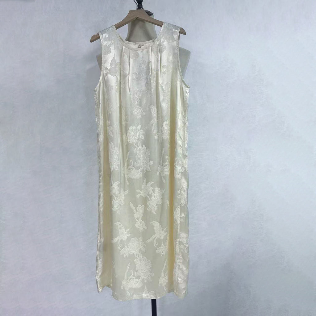 New Chinese-style Cream Jacquard Dress Sleeveless Round Neck Midi Dress