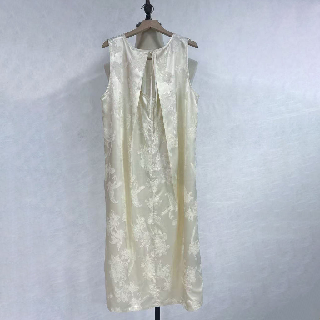 New Chinese-style Cream Jacquard Dress Sleeveless Round Neck Midi Dress