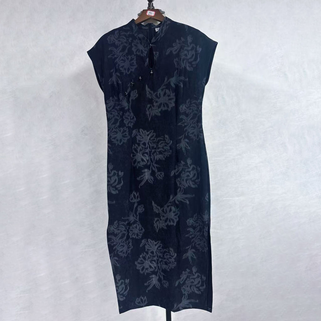 New Chinese-style Black Jacquard Qipao Dress Stand Collar Frog Button Midi Dress