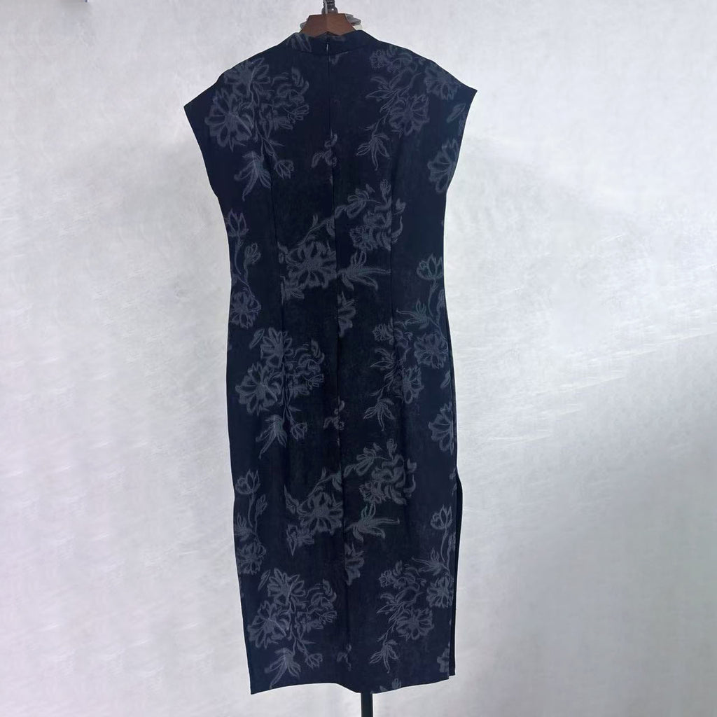 New Chinese-style Black Jacquard Qipao Dress Stand Collar Frog Button Midi Dress