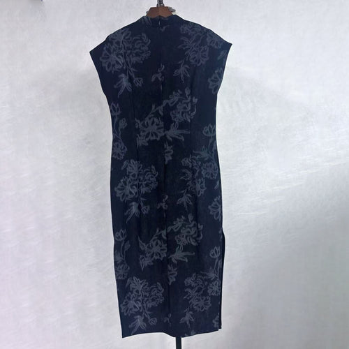 New Chinese-style Black Jacquard Qipao Dress Stand Collar Frog Button Midi Dress