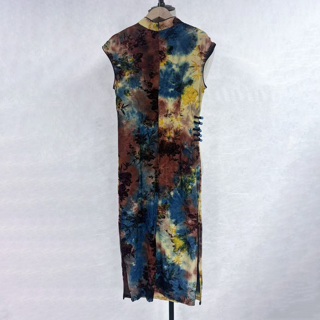 New Chinese-style Tie-Dye Floral Qipao Dress Stand Collar Frog Button Midi Dress