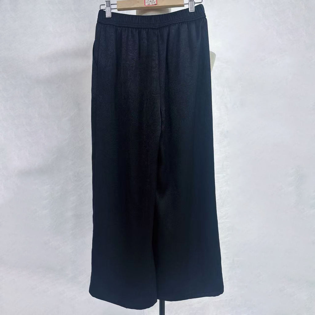 New Chinese-style Jacquard Wide Leg Pants Elastic Waist Beaded Tie Trousers