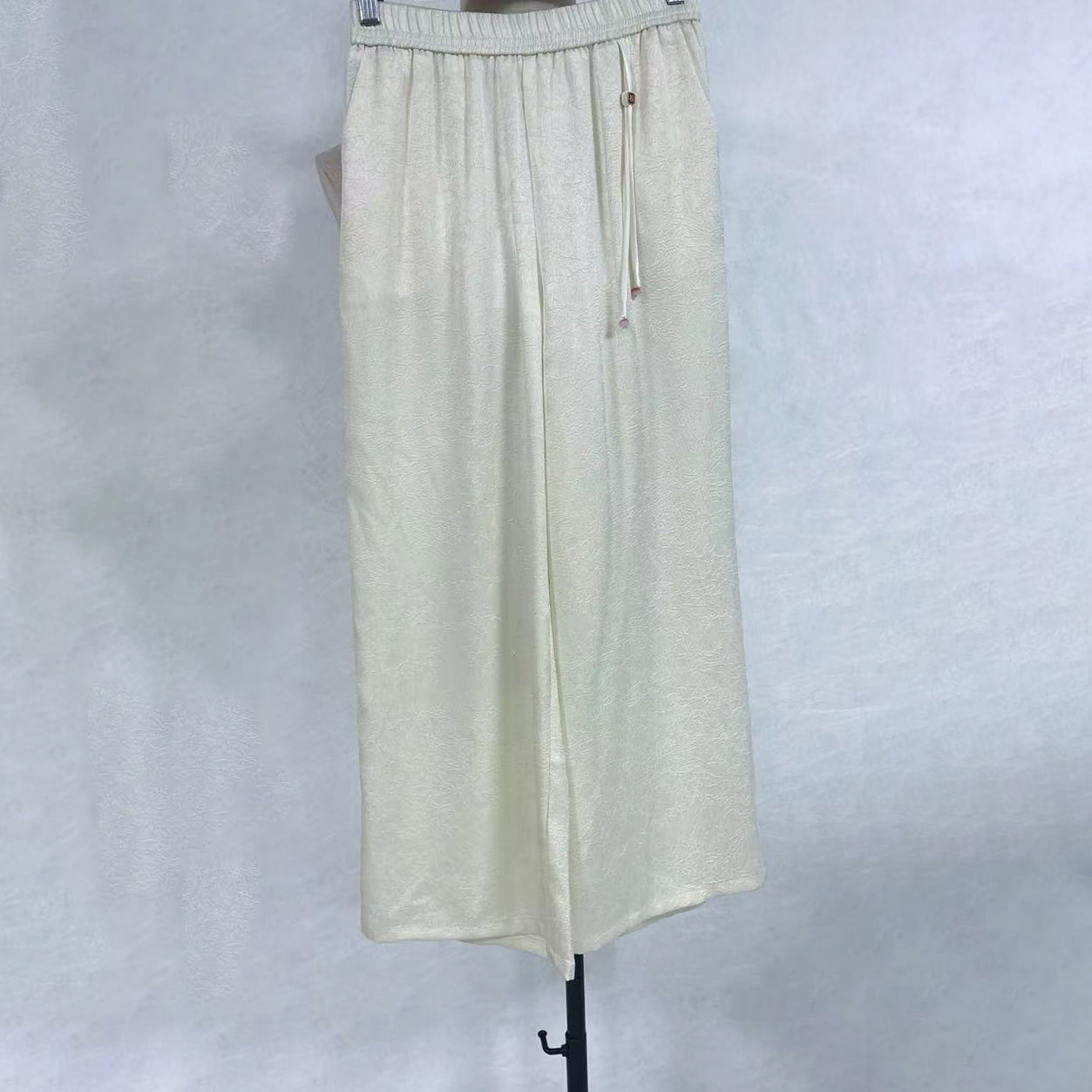 New Chinese-style Jacquard Wide Leg Pants Elastic Waist Beaded Tie Trousers