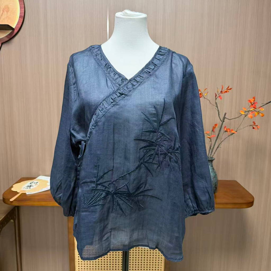 New Chinese-style Navy Bamboo Embroidery Linen Blouse