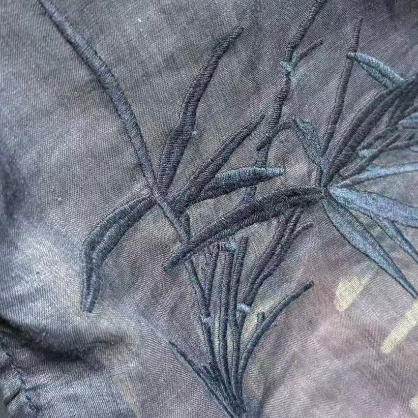 New Chinese-style Navy Bamboo Embroidery Linen Blouse