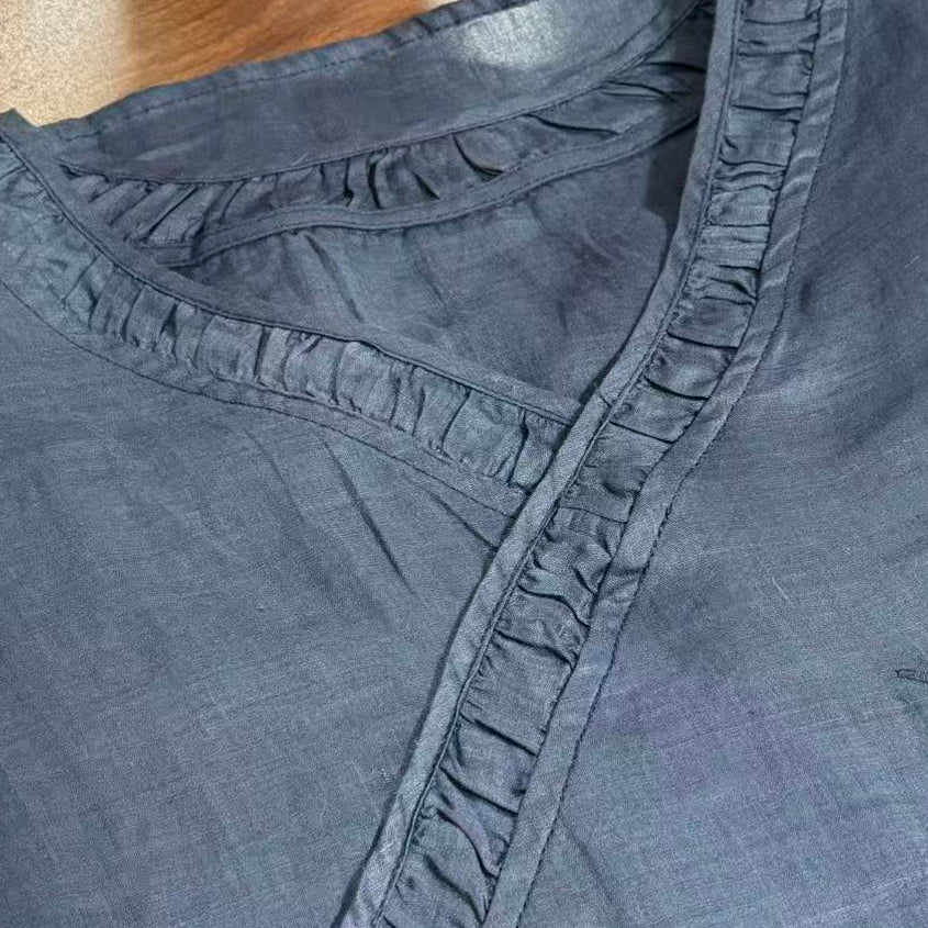 New Chinese-style Navy Bamboo Embroidery Linen Blouse