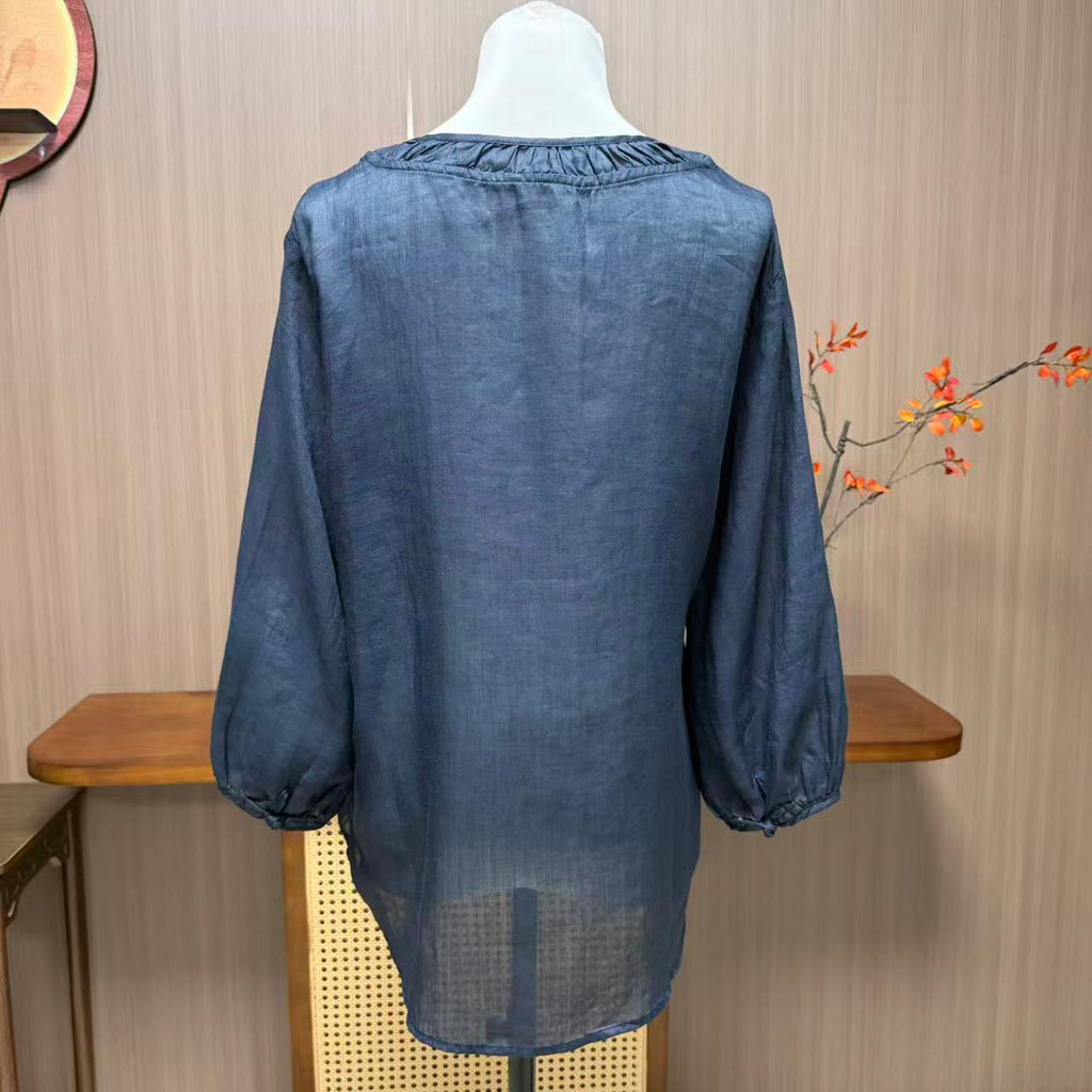 New Chinese-style Navy Bamboo Embroidery Linen Blouse