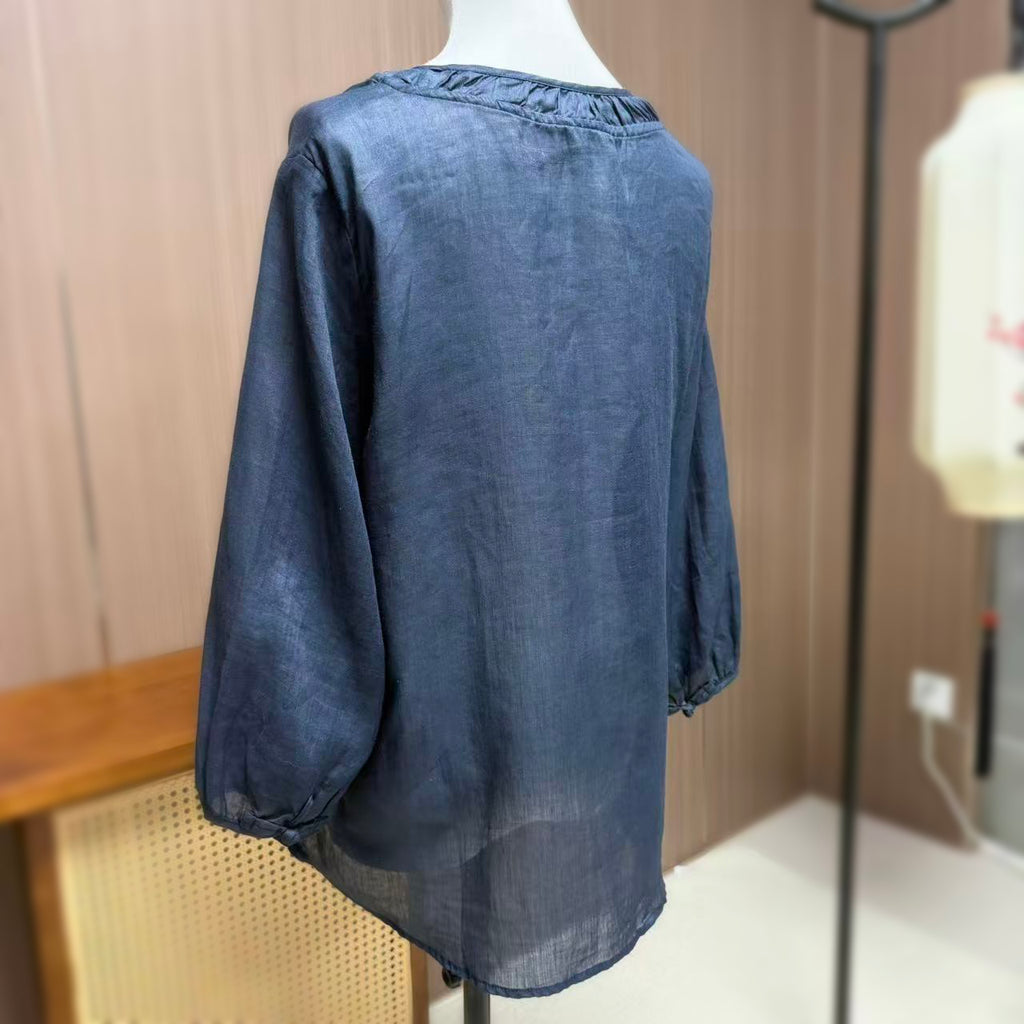New Chinese-style Navy Bamboo Embroidery Linen Blouse