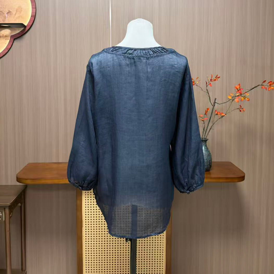 New Chinese-style Navy Bamboo Embroidery Linen Blouse