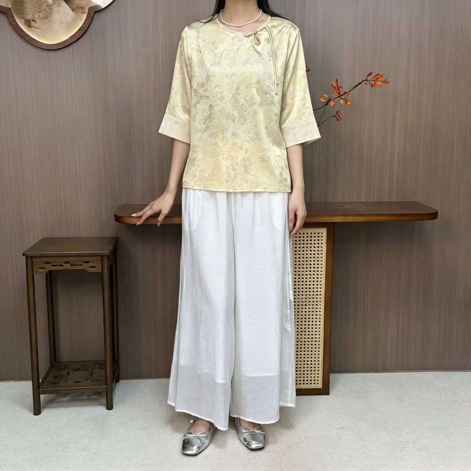 New Chinese-style White Embroidered Chinese Wide-Leg Pants