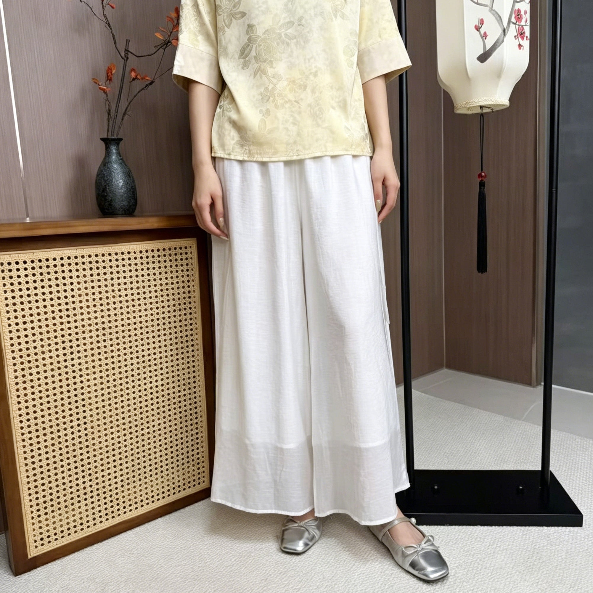 New Chinese-style White Embroidered Chinese Wide-Leg Pants