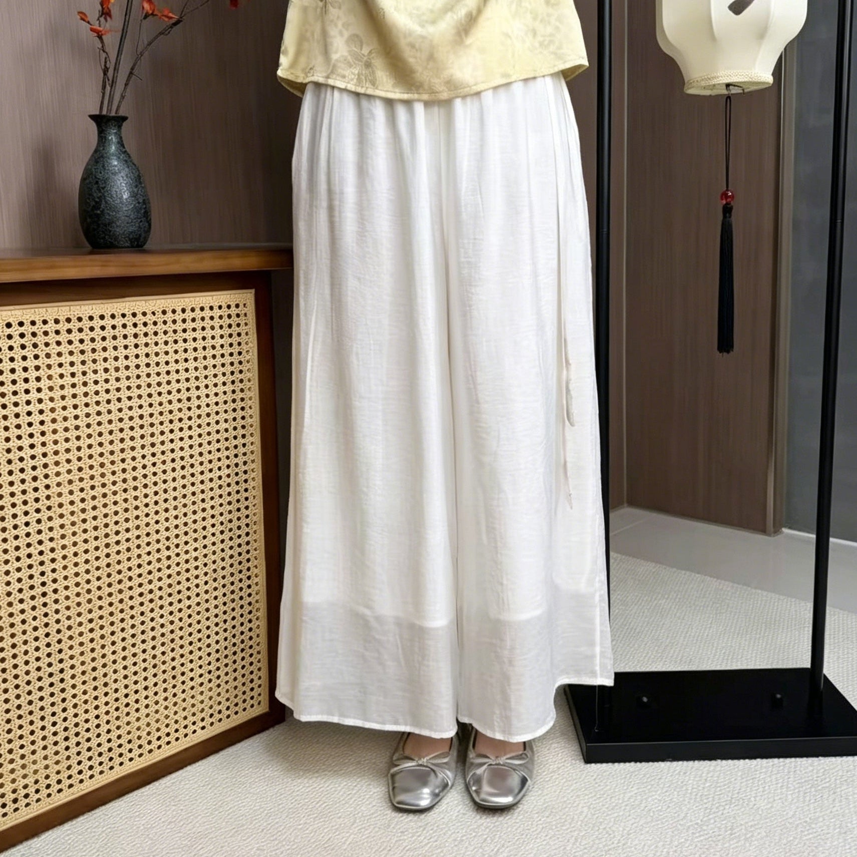 New Chinese-style White Embroidered Chinese Wide-Leg Pants