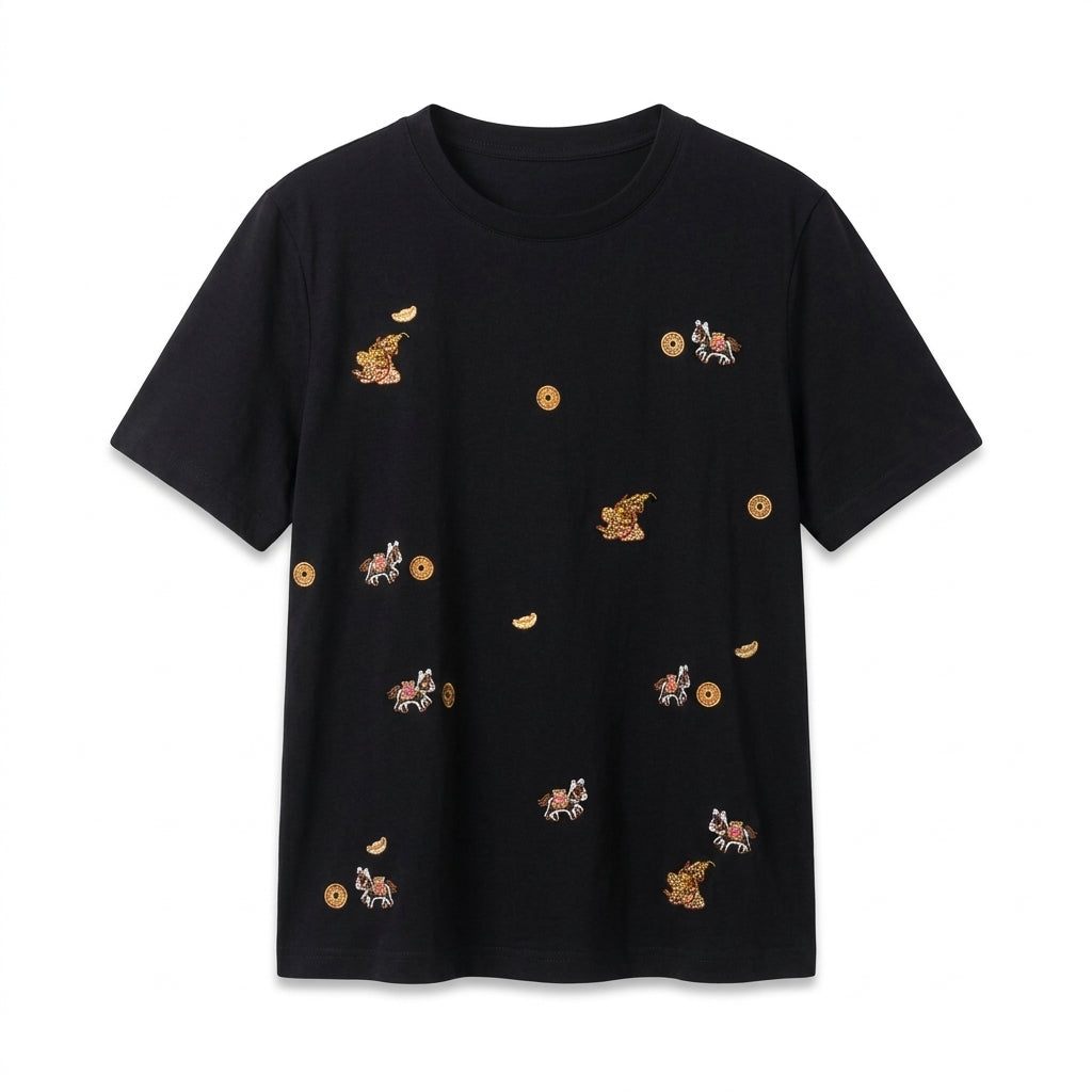 New Chinese-style Embroidered Crew Neck Short Sleeve T-Shirt