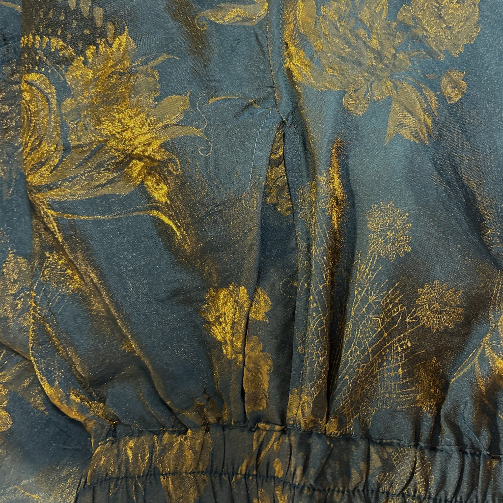New Chinese-style Green Gold Floral Skirt Elastic Waist Flowy Midi Skirt