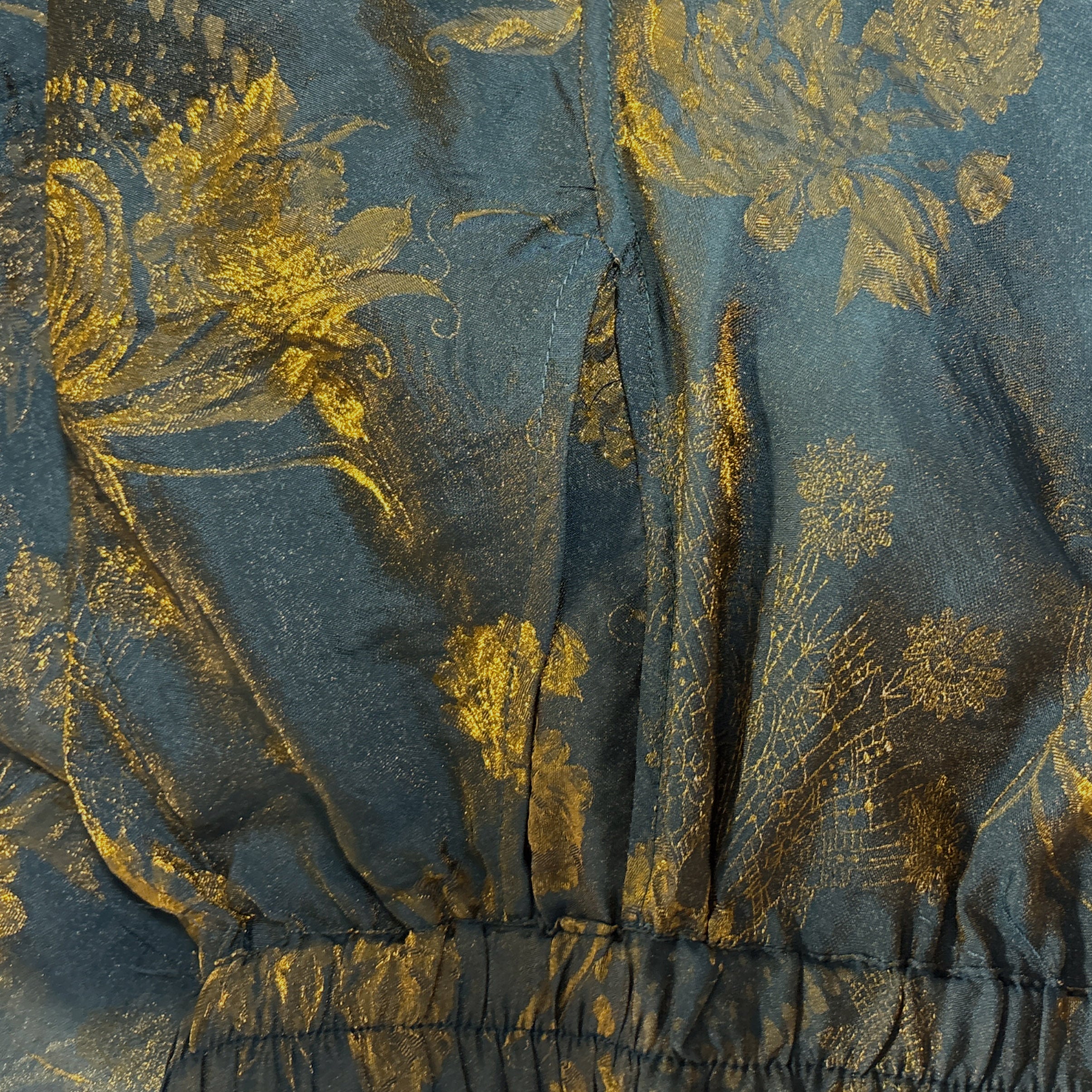 New Chinese-style Green Gold Floral Skirt Elastic Waist Flowy Midi Skirt
