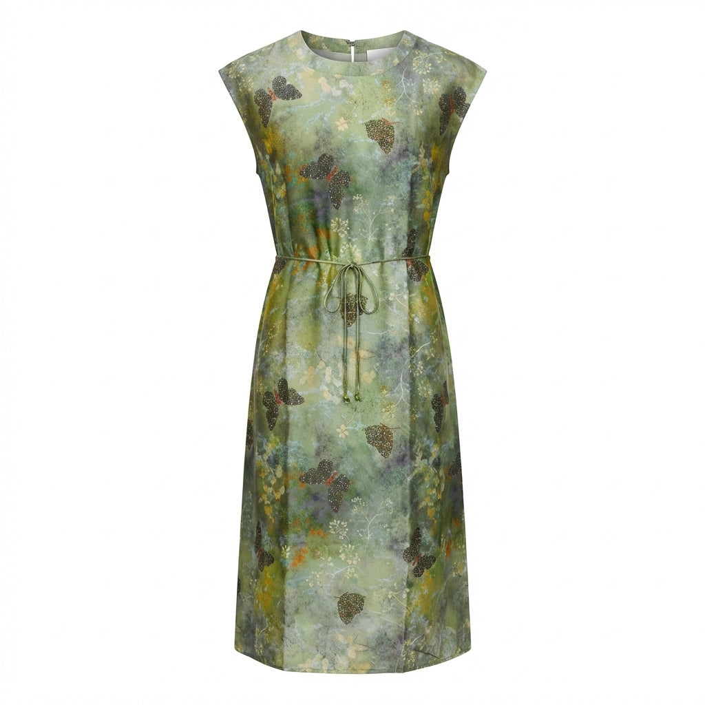 New Chinese-Style Ink Butterfly Print Waist-Tie Midi Dress