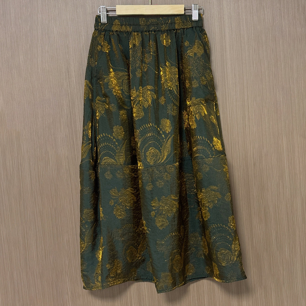 New Chinese-style Green Gold Floral Skirt Elastic Waist Flowy Midi Skirt