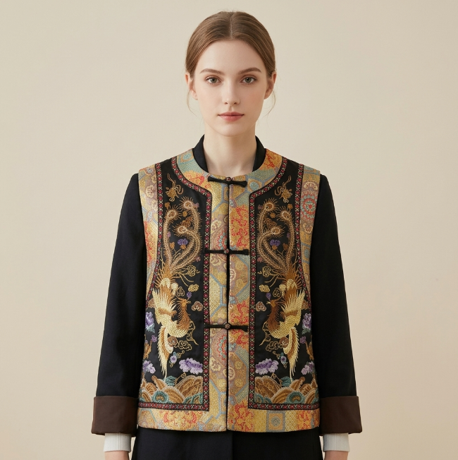 New Chinese-style Heavy Phoenix Embroidery Frog Button Vest