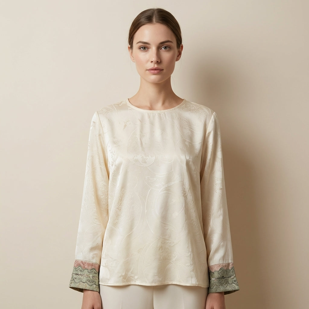 New Chinese Style Jacquard Round Neck Top, Contrast Embroidery Cuff Loose Long Sleeve Blouse