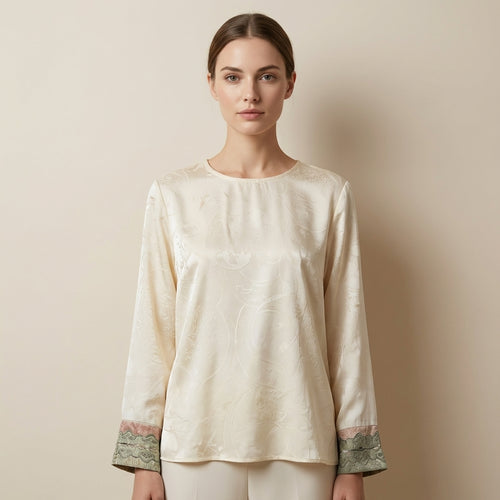 New Chinese Style Jacquard Round Neck Top, Contrast Embroidery Cuff Loose Long Sleeve Blouse