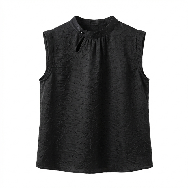 New Chinese-style Black Crinkled Texture Sleeveless Top