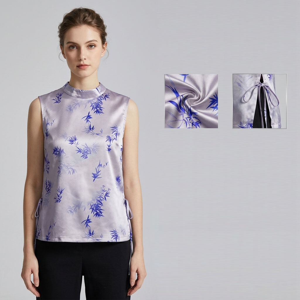 Women's Top Sleeveless Stand Collar Satin Print Chinese-Style Vest