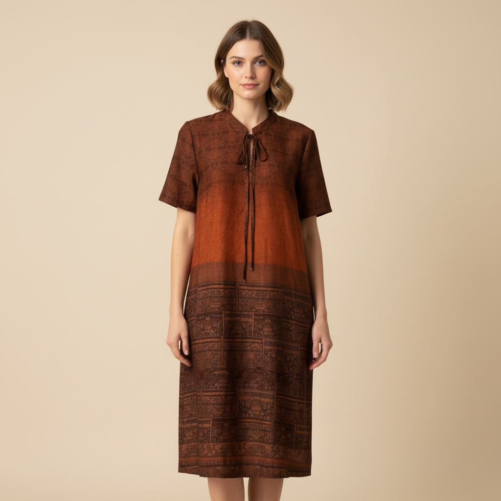 Vintage Gradient Brown Ethnic Tie Neck Dress, Loose Straight Midi Casual Dress