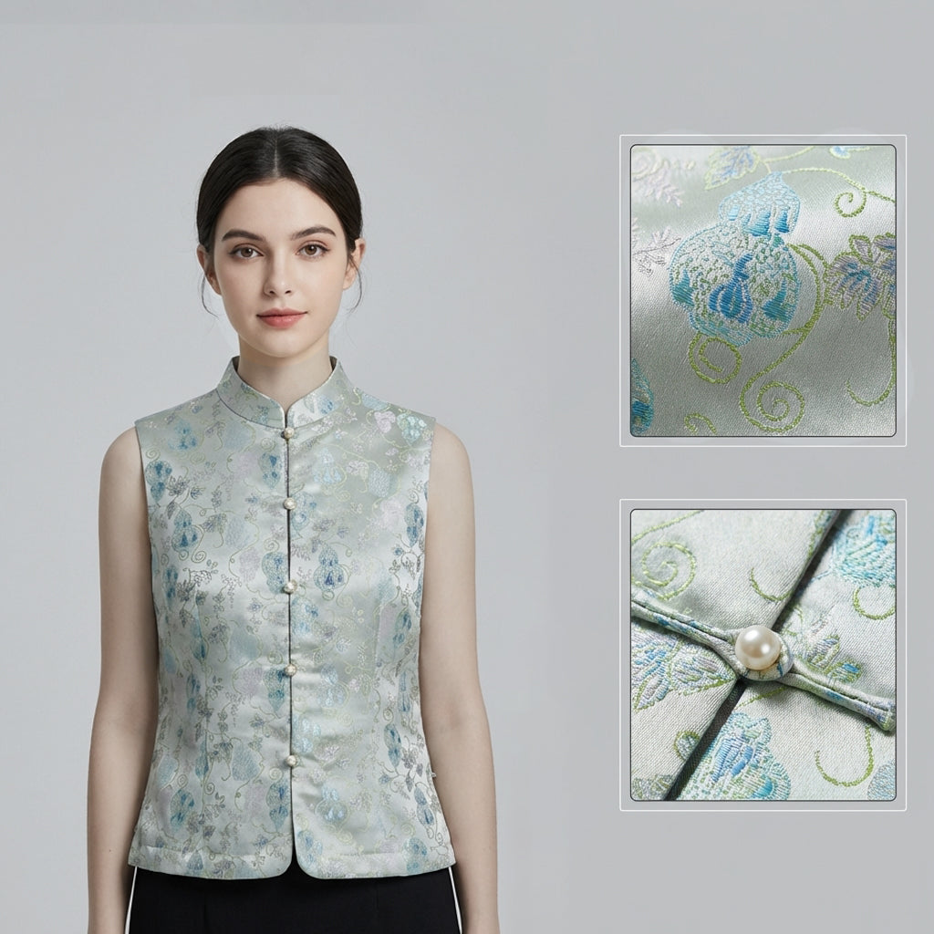 New Chinese Style Gourd Jacquard Stand Collar Vest Chinese Satin Frog Button Sleeveless Gilet