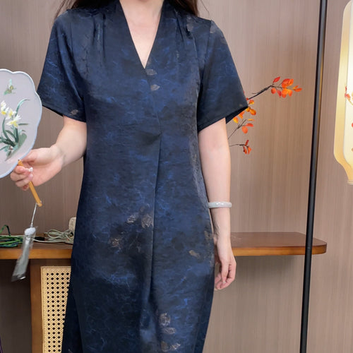 Crackle Pattern Xiangyunsha V-neck Short Sleeve Dress