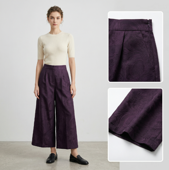 Women's Pants Spring and Autumn Wide-Leg Pants Silk Casual Pants Purple Jacquard Breathable, Cool, and Comfortable
