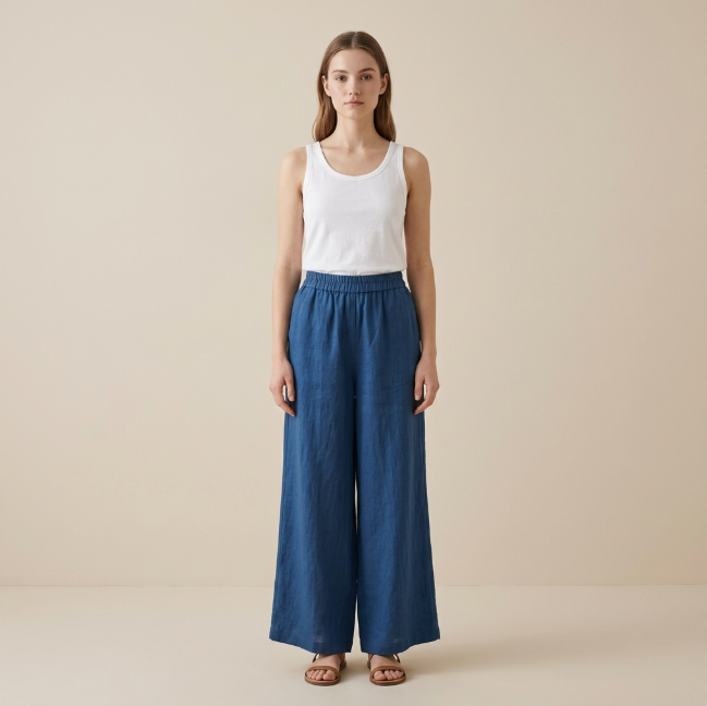 New Chinese-style Linen Wide-Leg Pants, Navy Elastic Waist Draped Cropped Trousers