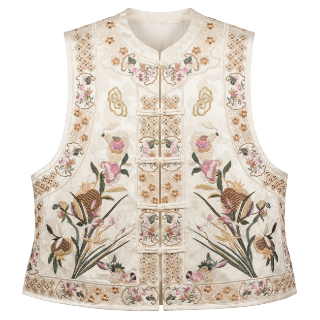 Women's Top Hand-Embroidered Silk Gentle White Sleeveless Vest