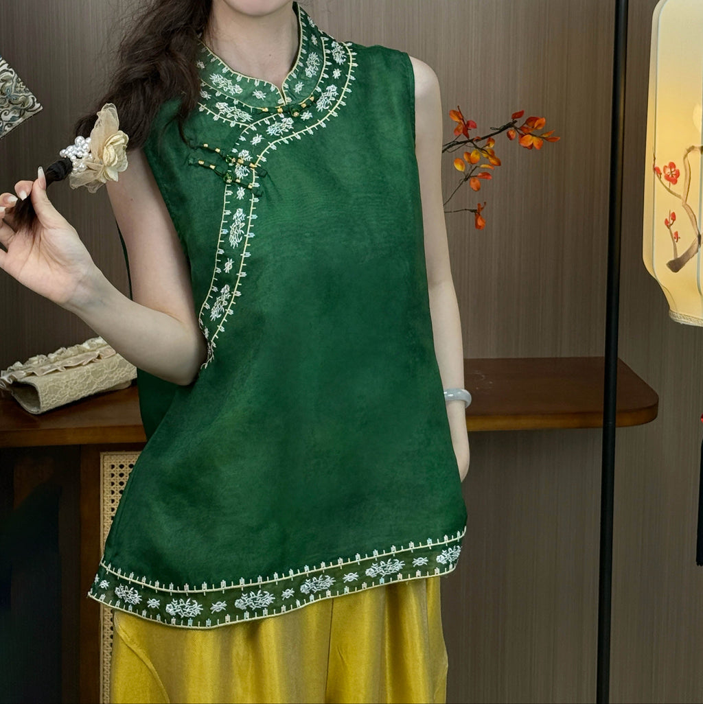 New Chinese-style Dark Green Embroidered Chinese Vest