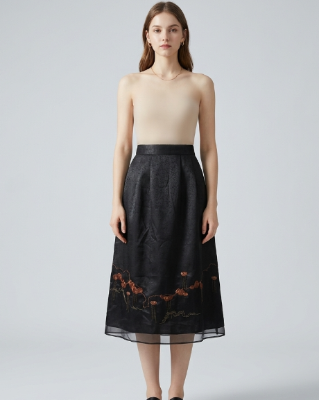 New Chinese-style Auspicious Cloud Embroidery Skirt, Black Hidden Pattern Jacquard A-Line Midi Skirt