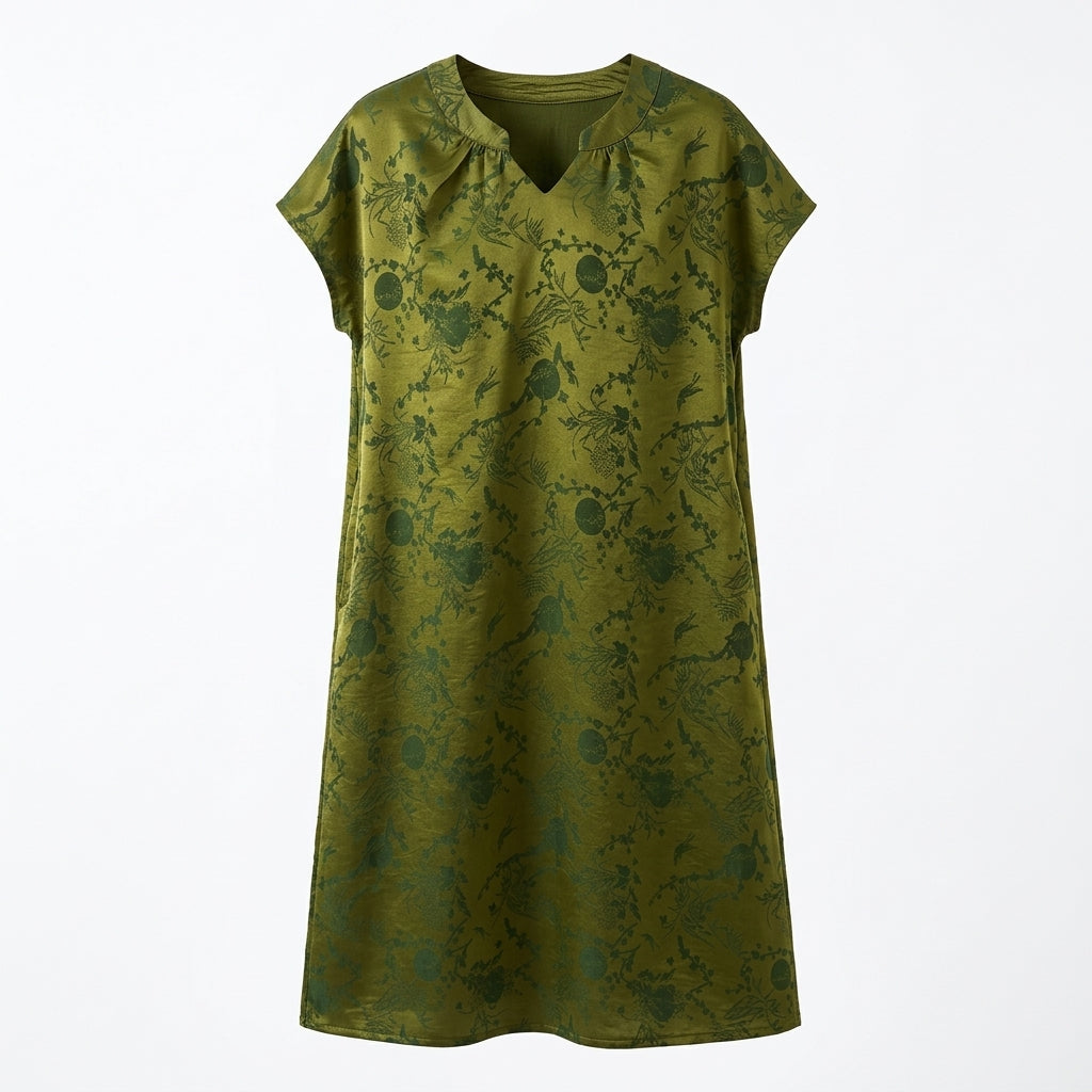 New Chinese-style Olive Green Jacquard Dress for Women, Long Dress, Casual