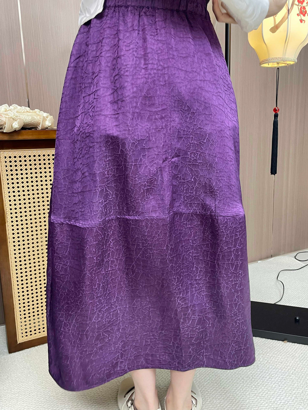 New Chinese-style Purple Jacquard Skirt Elastic Waist Flowy Midi Skirt
