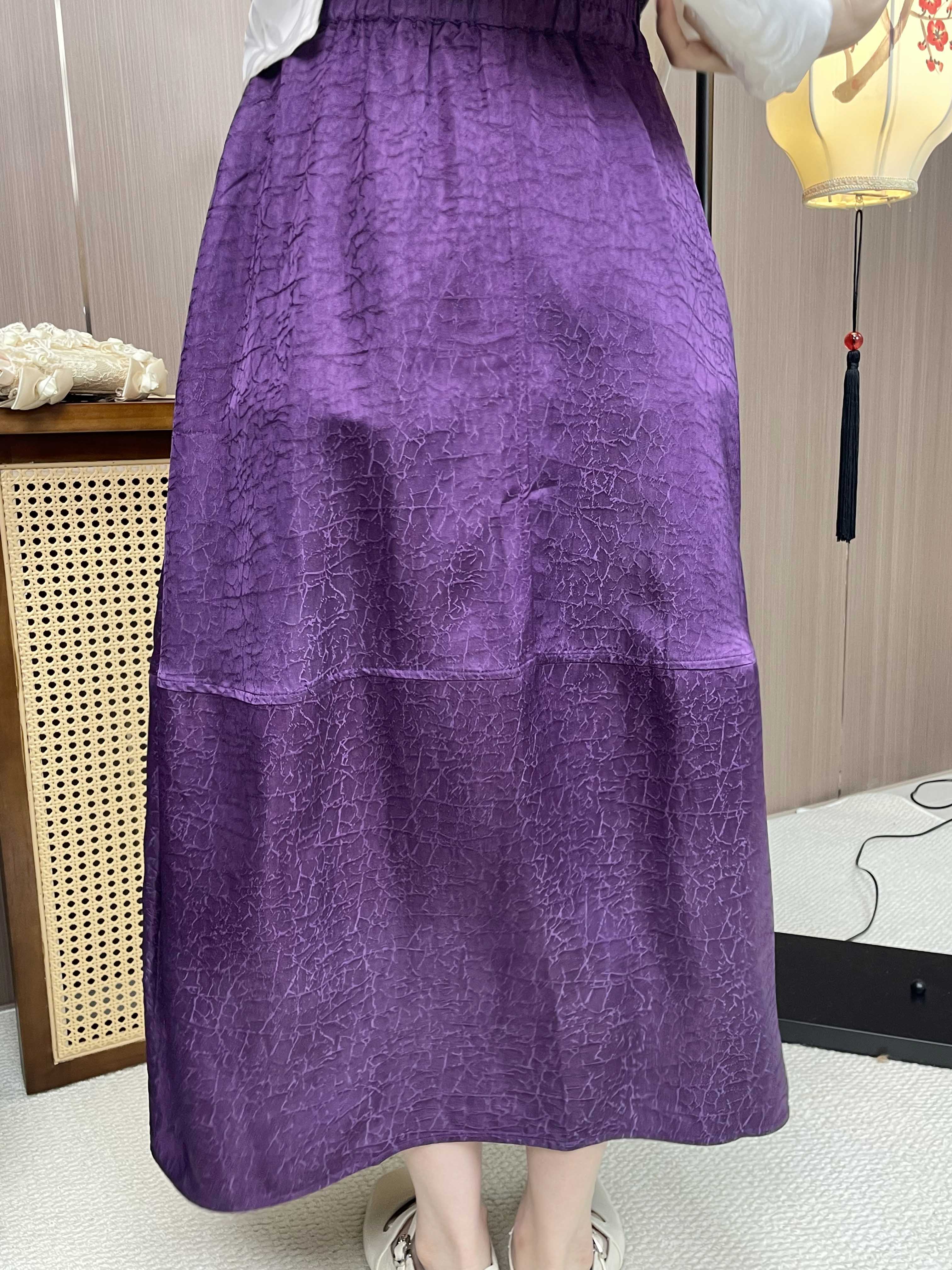 New Chinese-style Purple Jacquard Skirt Elastic Waist Flowy Midi Skirt