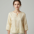 New Chinese-style Jacquard Linen Top, Cream Apricot Frog Button 3/4 Sleeve Zen Blouse