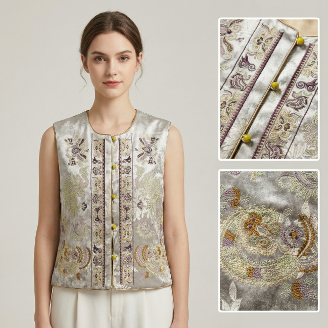 Women's Top Heavywork Phoenix Embroidery Mulberry Silk Vest Pearl Buttons