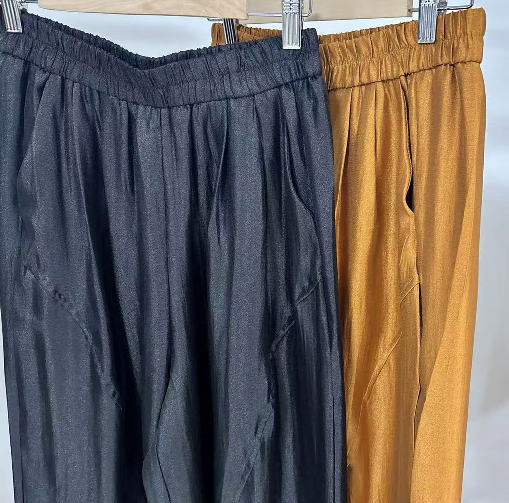 New Chinese-style Satin Elastic Waist Wide-Leg Pants