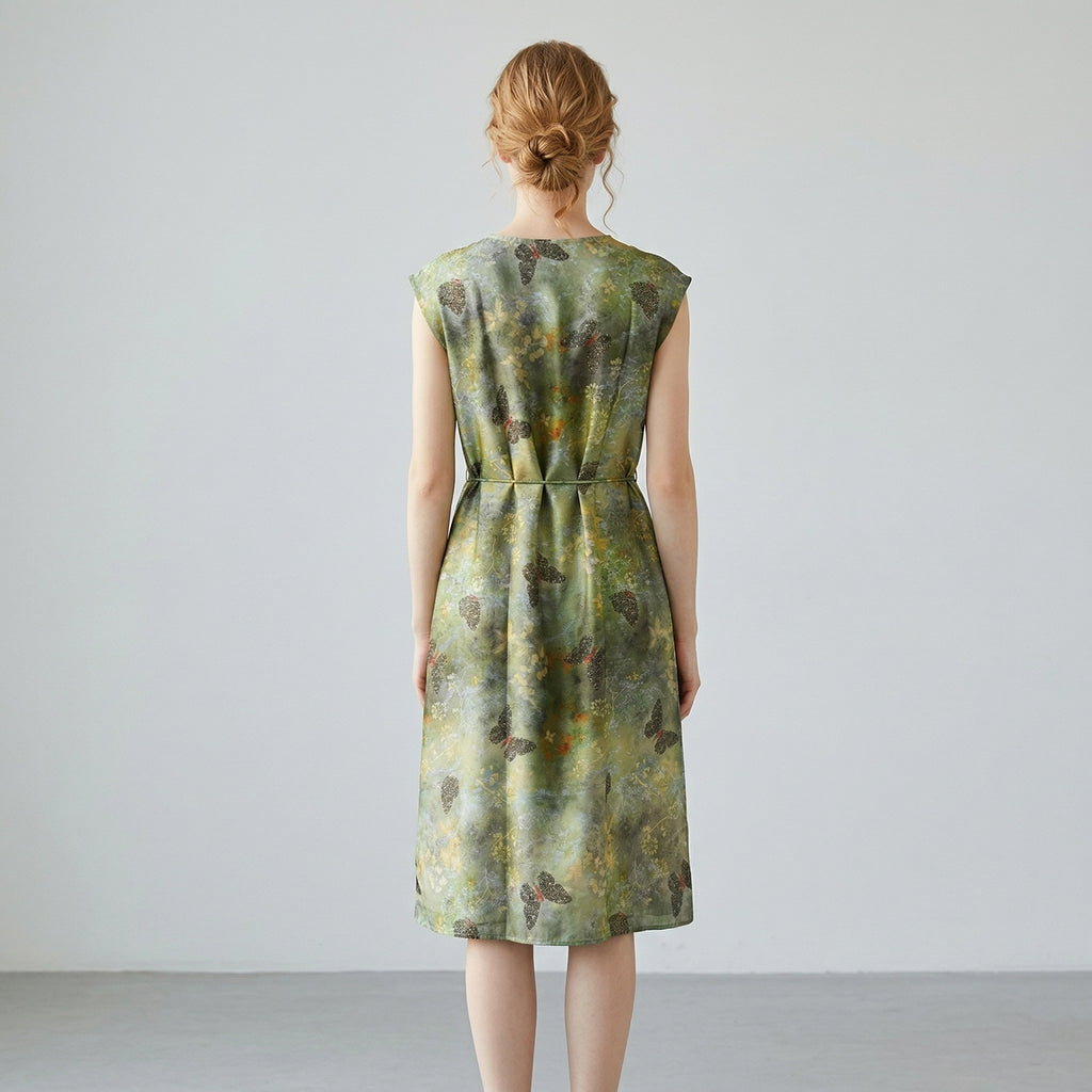 New Chinese-Style Ink Butterfly Print Waist-Tie Midi Dress