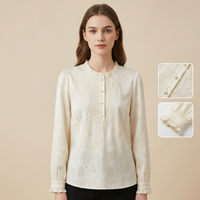 Women's long-sleeve top, hand-embroidered, round neck, satin material, white