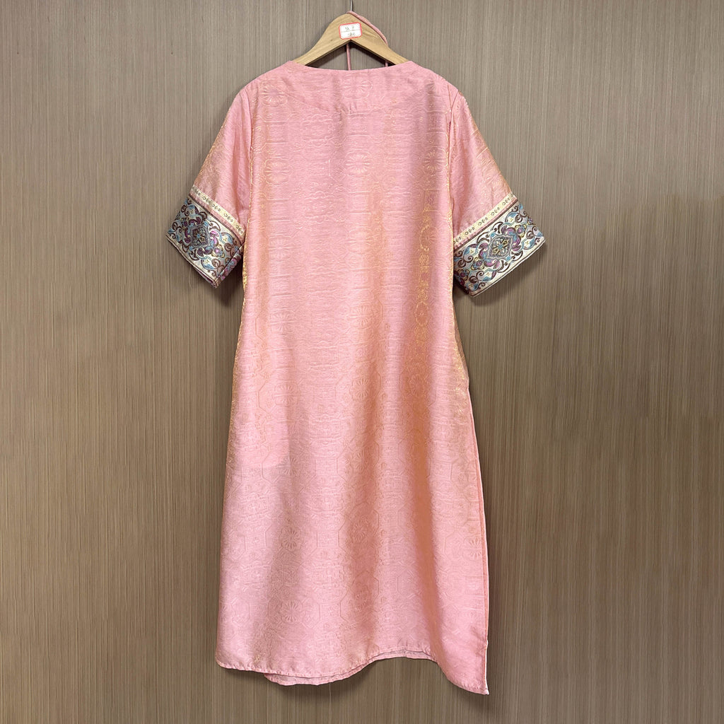 New Chinese-style Women's Pink Jacquard Brocade Dress Improved Traditional Midi Dress