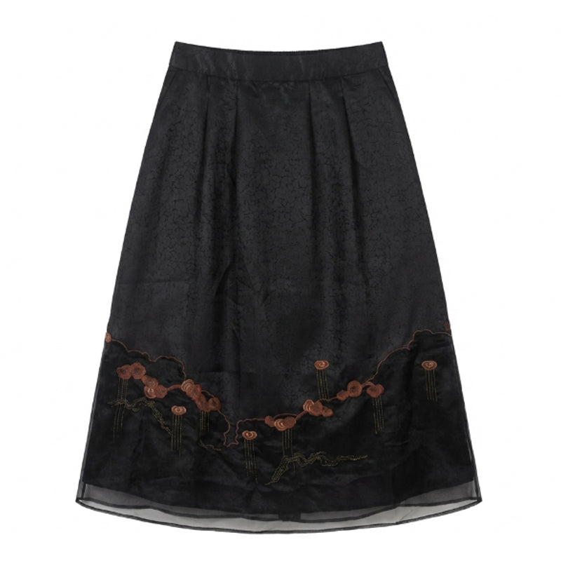 New Chinese-style Auspicious Cloud Embroidery Skirt, Black Hidden Pattern Jacquard A-Line Midi Skirt