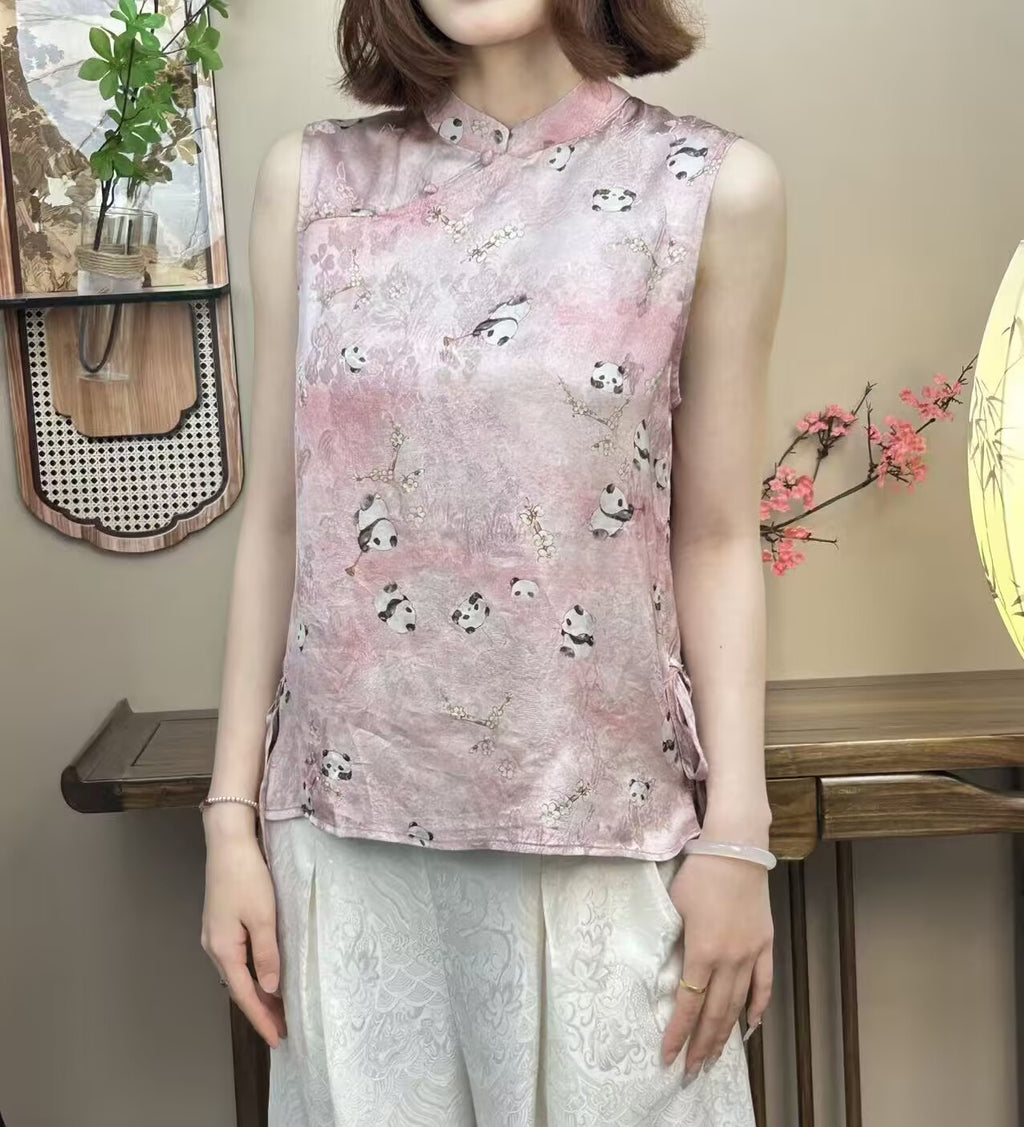 New Chinese-style Pink Panda Print Chinese Style Sleeveless Top