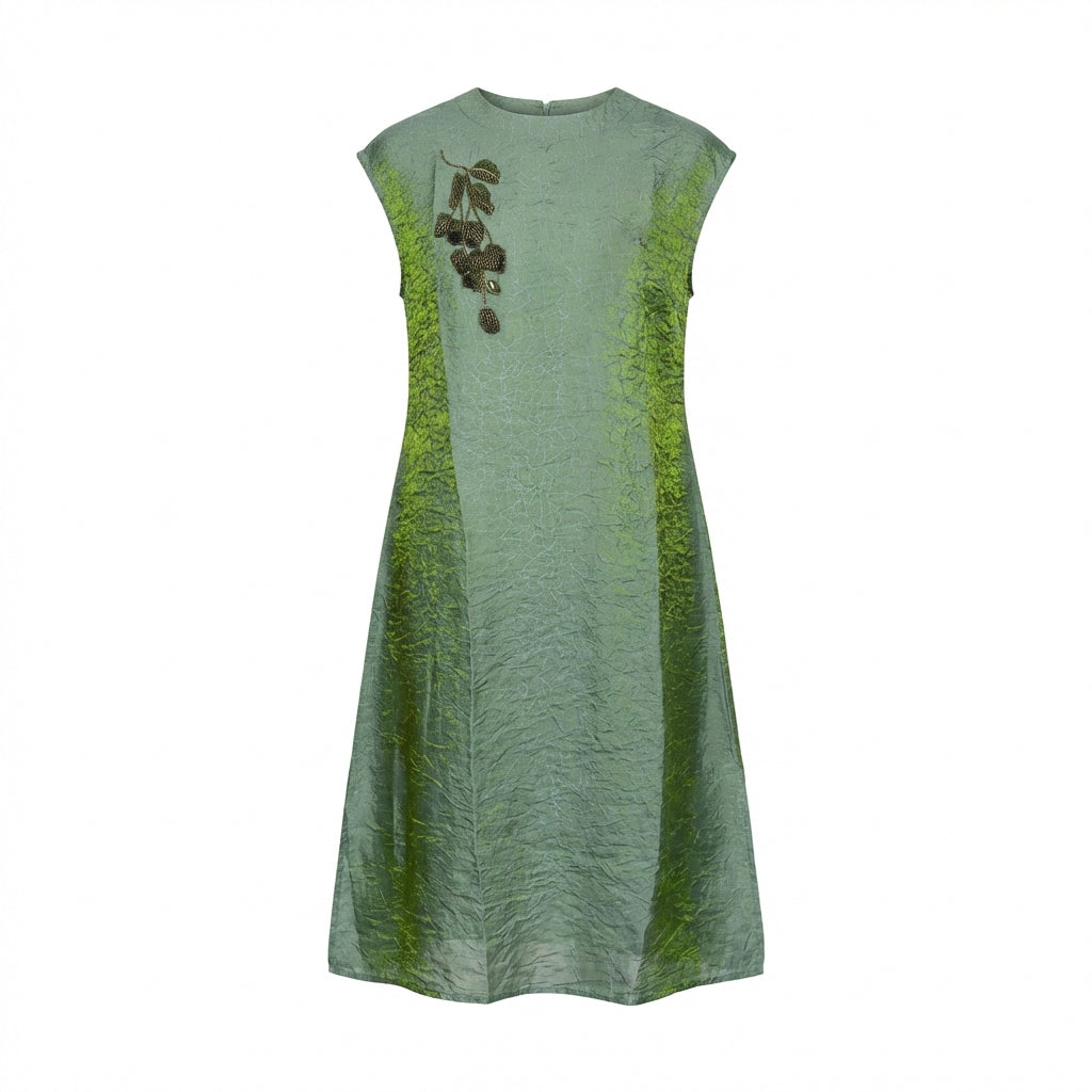 New Chinese-Style Hand-Beaded Ombre Green Midi Dress