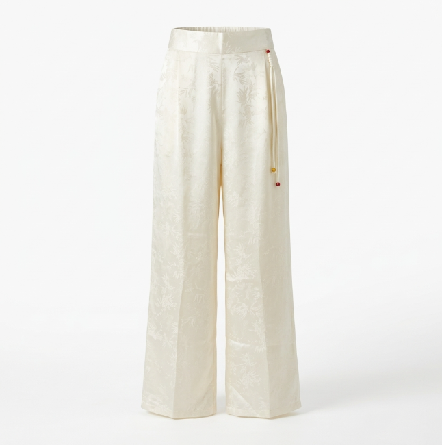 New Chinese-style Bamboo Jacquard Wide-Leg Pants, Cream Satin Draped Casual Trousers