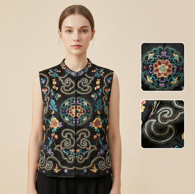 New Chinese Heavy Embroidery Xiangyunsha Vest, Black Jacquard Silk Sleeveless Outerwear
